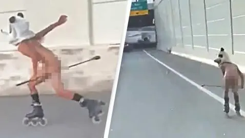homme nu fait roller autoroute masque de panda