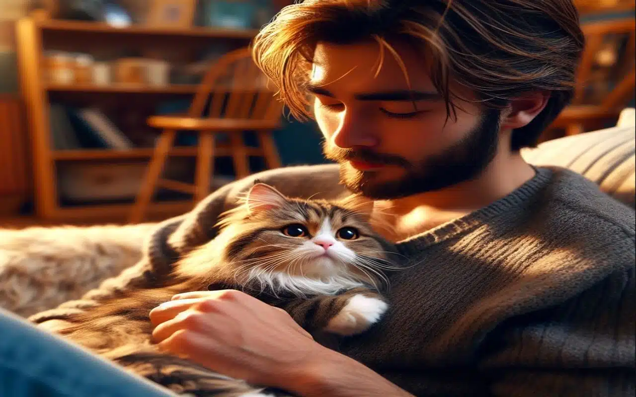 chat mignon sur les genoux de son maître