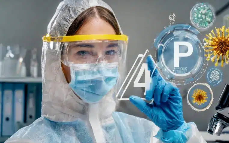 Scientifique avec protection en laboratoire P4.