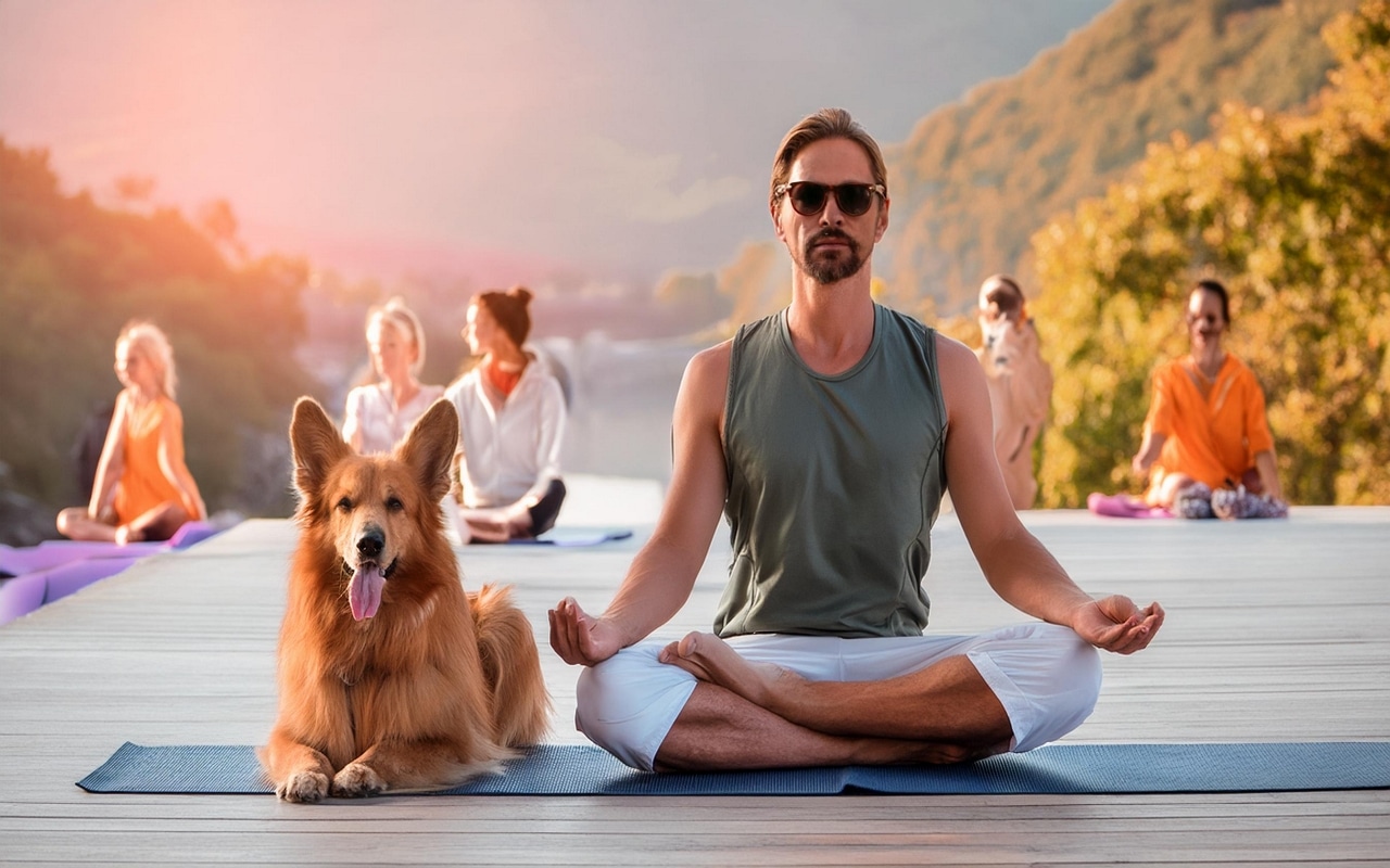 Un chien et son maître font du yoga en pleine nature