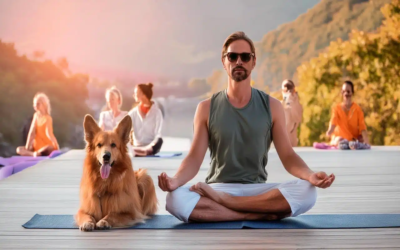 Un chien et son maître font du yoga en pleine nature
