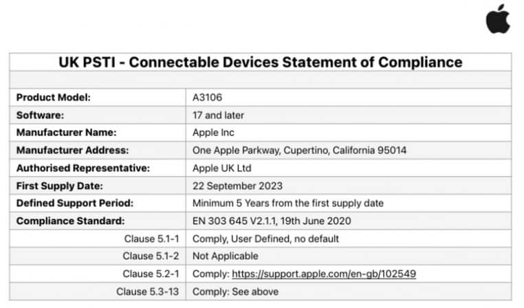 Document Apple évoquant la durée du soutien logiciel de ses produits