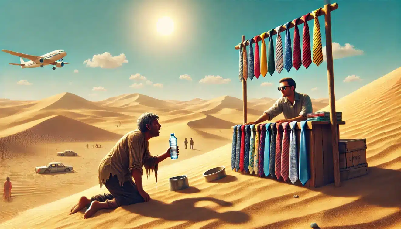 Blague du jour : Un homme assoiffé dans le désert cherche de l’eau mais tombe sur un vendeur de cravate