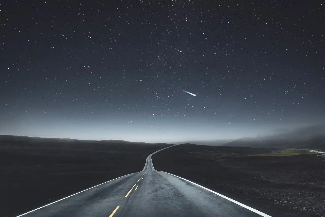 highway, night, night sky, étoile filante