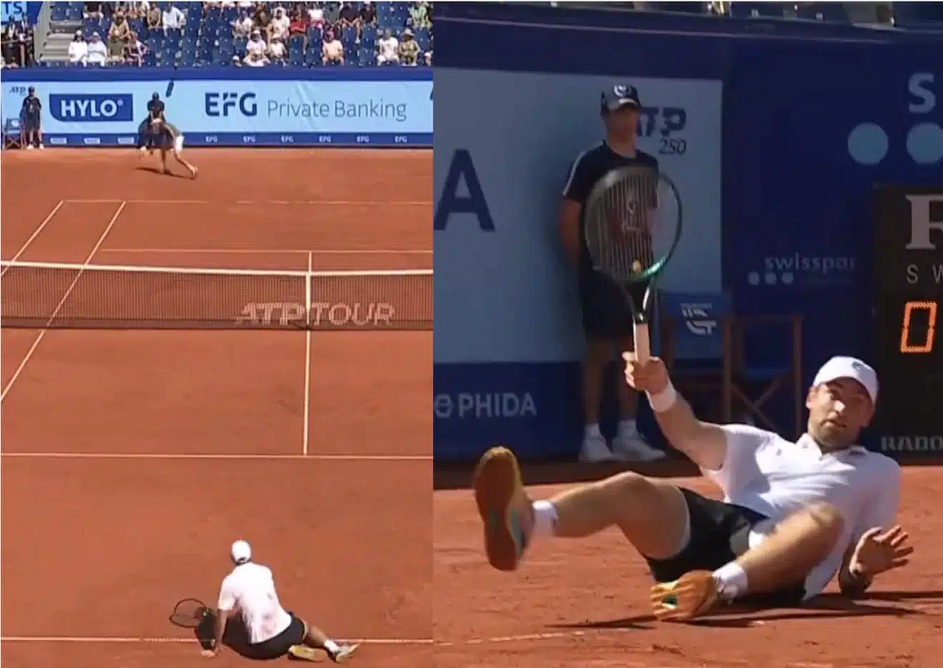 Image capture d'écran, Quentin Halys joue au tennis par terre