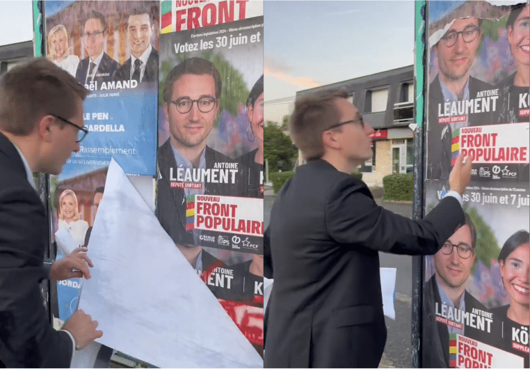 Image capture d'écran, le candidat NFP Antoine Léaument enlève les affiches du RN en vidéo "tuto".