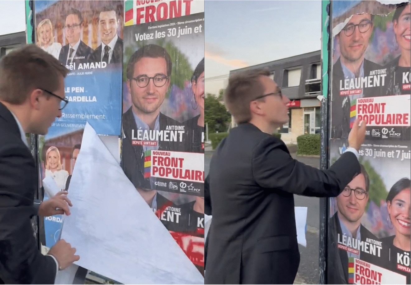 Image capture d'écran, le candidat NFP Antoine Léaument enlève les affiches du RN en vidéo "tuto"