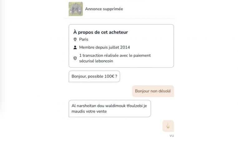 image capture d'écran annonce et discussion leboncoin complètement barré