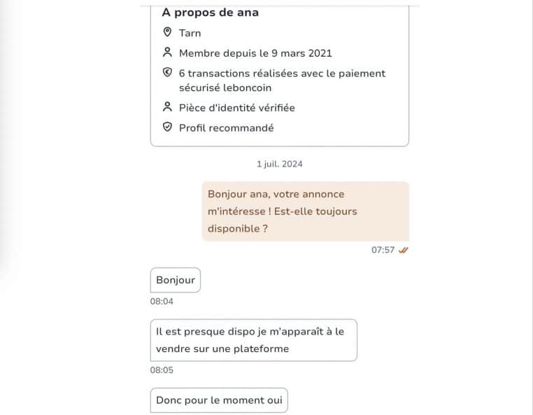 image capture d'écran annonce et discussion leboncoin complètement barré