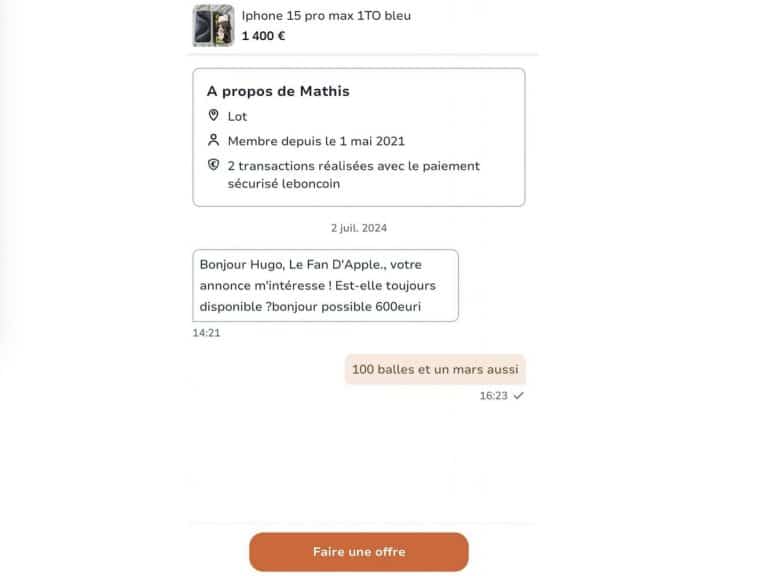 image capture d'écran annonce et discussion leboncoin complètement barré