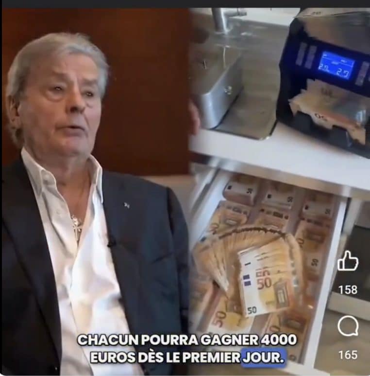 Image capture d'écran une arnaque qui utilisent la mort d'Alain Delon