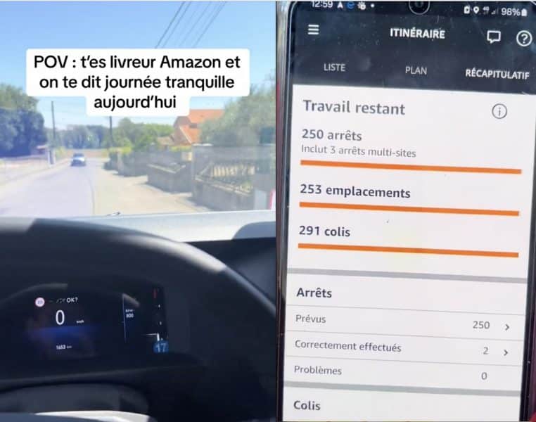 Image capture d'écran, un livreur Amazon partage sa journée tranquille.