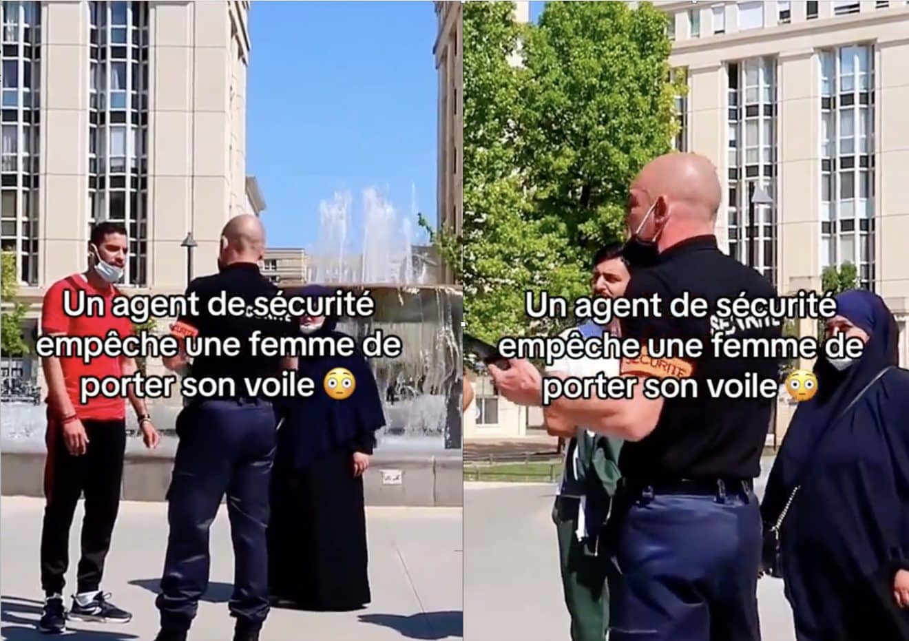 Image capture d'écran, un policier refuse qu'une femme porte le voile devant un monument historique