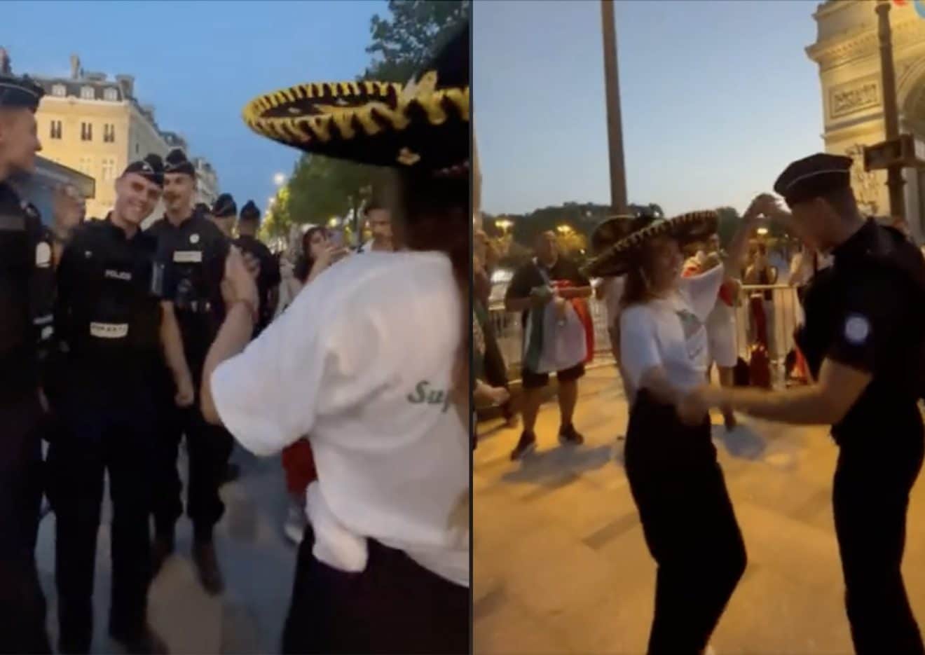 Image capture d'écran JO un policier danse avec une supporter mexicaine.