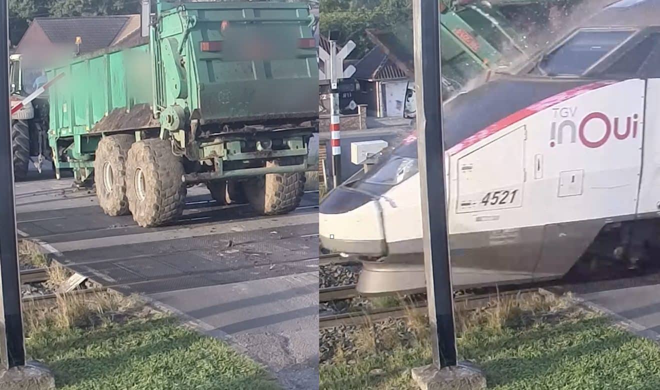 Image capture d'écran une remorque heurte un TGV sur un passage à niveau