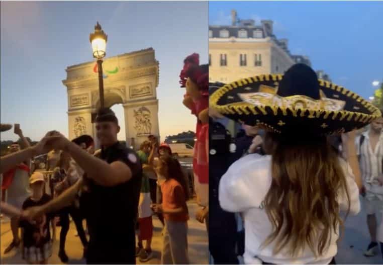 Image capture d'écran JO un policier danse avec une supporter mexicaine.