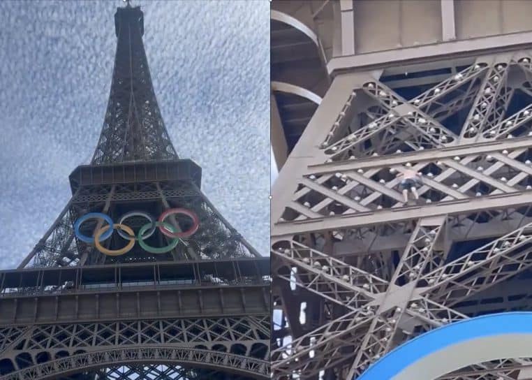 Image capture d'écran un homme escalade la Tour Eiffel