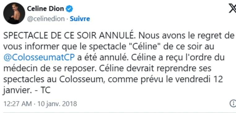 Annulation spectacles Céline Dion / 2018