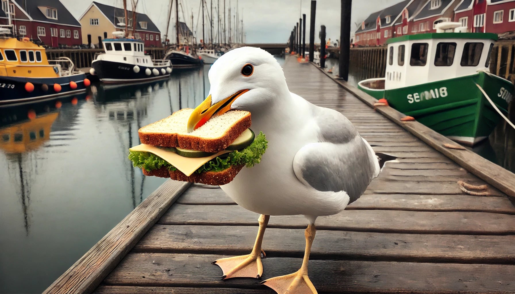 Une mouette mange un sandwich