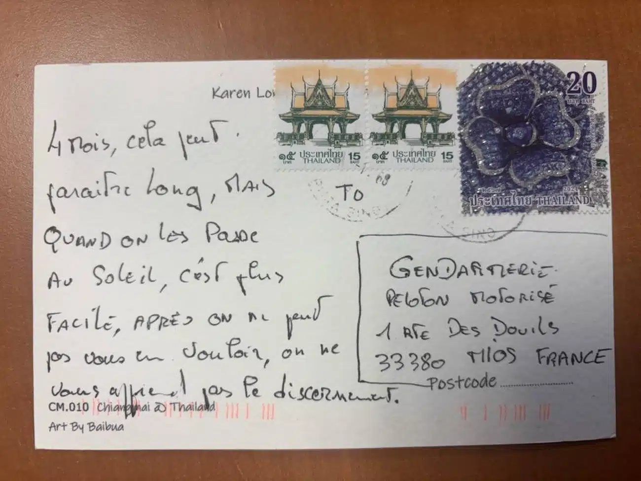 Une étonnante carte postale adressée aux gendarmes